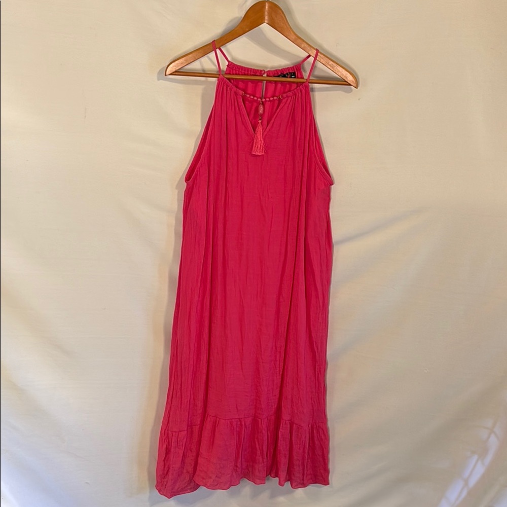 Mlle Gabrielle Hot Pink Sleeveless Sun Dress with Beaded Tassel Halter Neckline